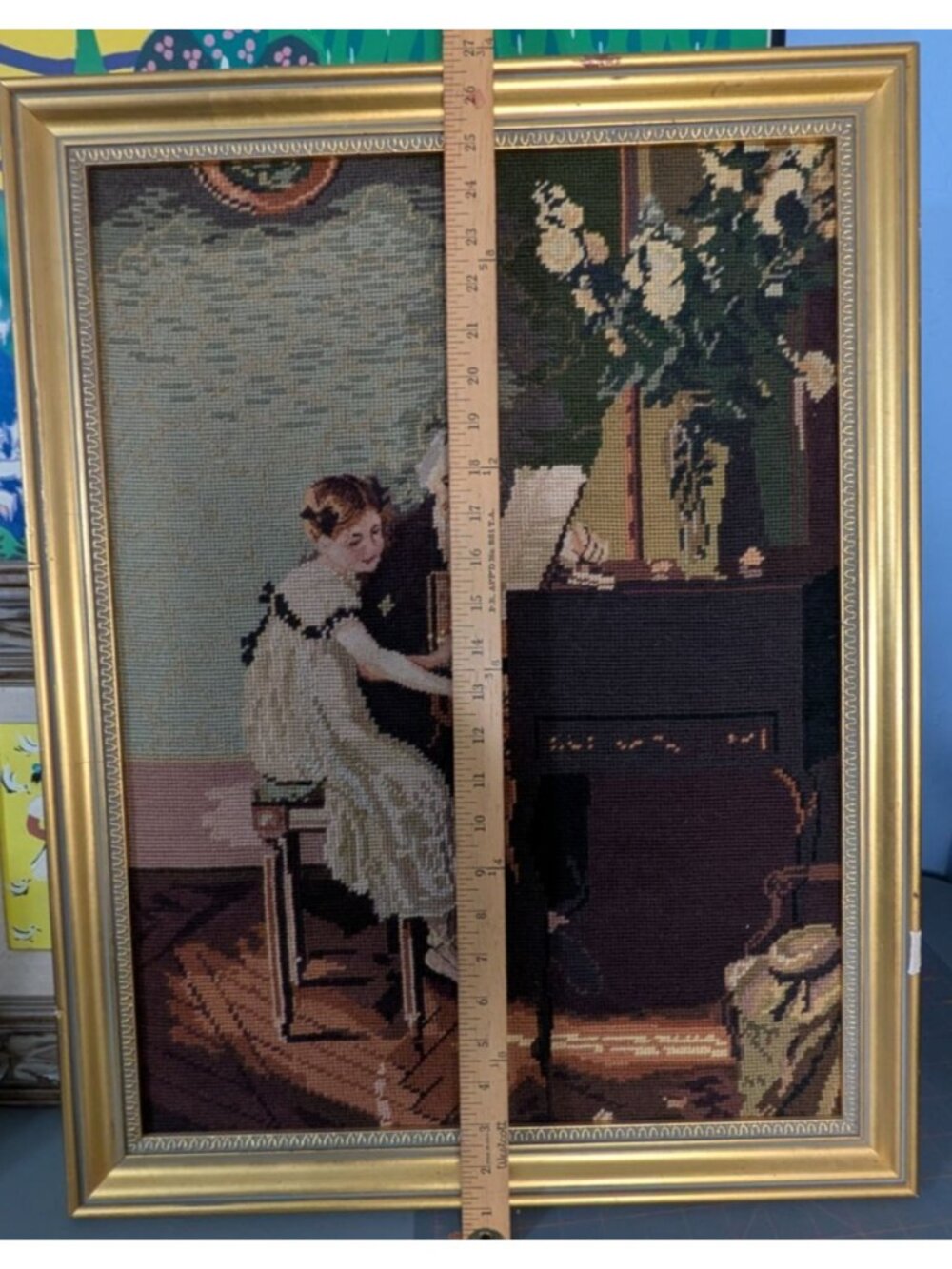 Vintage Needlepoint Tapestry Framed Art Piano lesson, decor - Picture 11 of 16